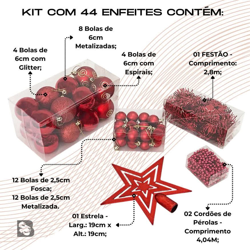 Kit 44 Enfeites Para Árvore de Natal Estrela Bolas Festão Cordão Pérolas Decoração Natalina - Imagem 3