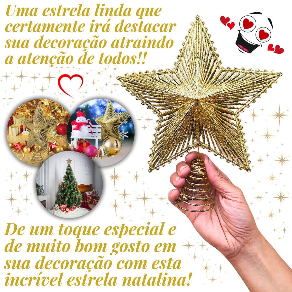Estrela 24cm Brilhante Aramada Com Glitter Para Árvore De Natal Metalizado - Imagem 3
